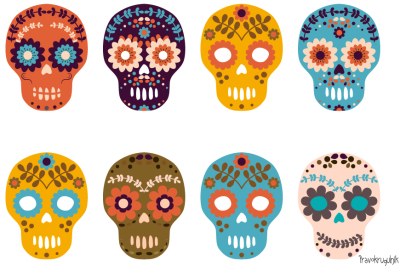 Sugar skull, Flower skulls, Halloween clipart, Day of the Dead