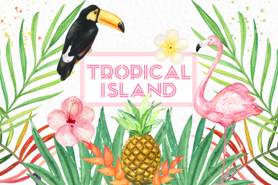 Tropical island. Watercolor clipart.