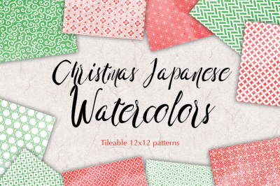 Christmas watercolor patterns seamless Japanese graphics Red and Green Digital Background