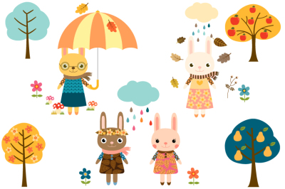Cute bunnies clipart set, Autumn bunny clip art