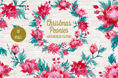 Watercolor clipart Christmas Peonies 
