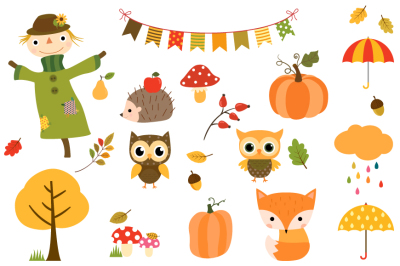 Autumn clipart set, Scarecrow clip art, Fall bunting, Owl, Hedgehog