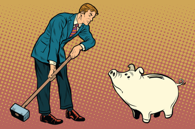 Retro businessman wants to break the cute piggy Bank