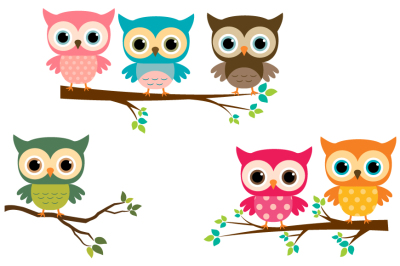 Cute Owls Clipart, Colorful Owl on Tree Branches