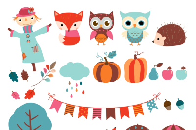 Fall clipart set, Autumn clip art, Scarecrow clipart, Hedgehog, Fox, Owl