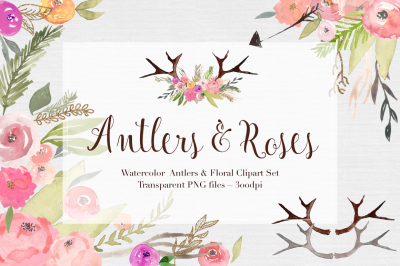 Antlers & Roses - Watercolor Clipart