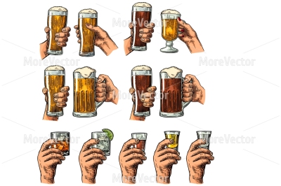 Male hand holding a glass  with beer, tequila, vodka, rum, whiskey, gin