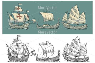 Caravel, drakkar, junk. Set sailing ships