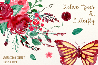 Watercolor Festive Roses and Butterfly