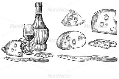 Cheese and wine set. Bottle, glass, bunch of grapes and knife.