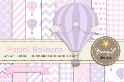 Pastel Hot Air Balloons Digital Papers & Cliparts