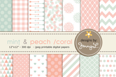 Mint and Peach Digital Papers