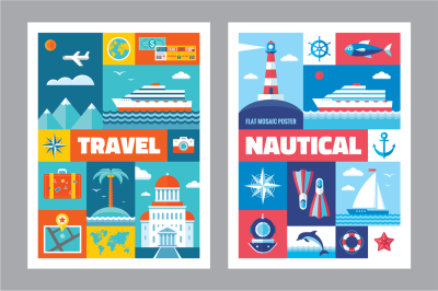 Travel & Nautical - Flat Style Design Posters - Vector Icons Set