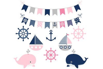 Girl Nautical Clipart Set, Kids Sailing Party, Whale, Anchor, Boat  Clip Art 