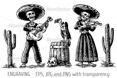 Day of the Dead, Dia de los Muertos. The skeleton in the Mexican national costumes dance, sing and play the guitar, violin.