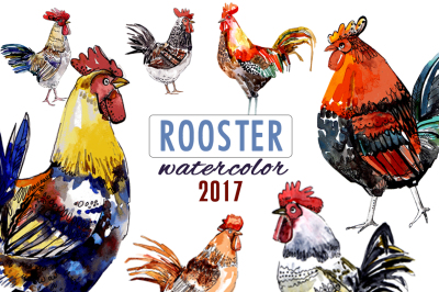 Set of roosters watercolor. Rooster - symbol of 2017 year