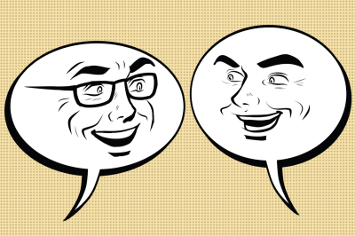 Two happy men talking. Comic bubble smiley face
