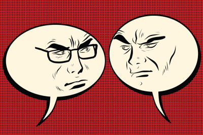 Two angry men talking. Comic bubble smiley face