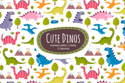 Cute Dinos: seamless pattern &amp; cute labels