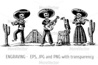 The skeleton in the Mexican national costumes dance&2C; sing and play the guitar&2C; violin&2C; trumpet.