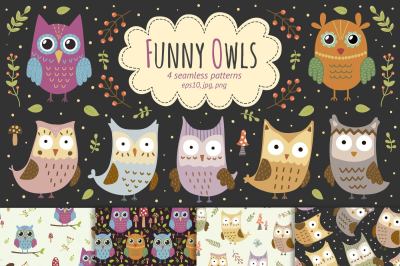 Funny Owls: 4 seamless patterns