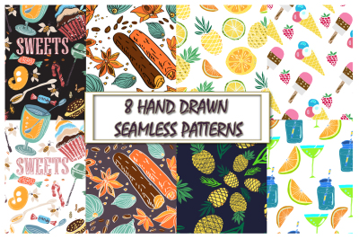 8 Hand drawn food seamless patterns