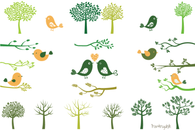 Green tree silhouettes clip art, branches and birds clipart, branch, bird