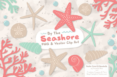 Seashore Shells &amp; Coral Clipart in Mint &amp; Coral