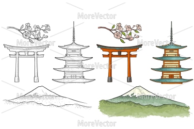 Mountain Fuji in Japan, pagoda, torii, cherry sakura branch engraving
