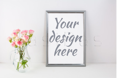 Silver frame mockup with pink roses