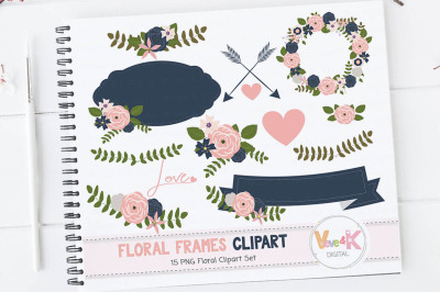 Navy and Pink Floral Frames Clipart | Floral Bouquets Clipart
