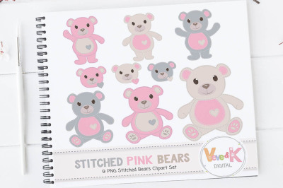 Pink Stitched Bears Clipart Set | Bears Clipart