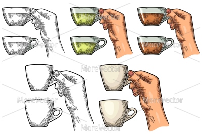 Female hand holding a glass cup of tea and coffee. 
