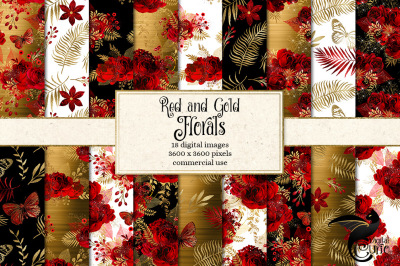 Red and Gold Floral Digital Paper