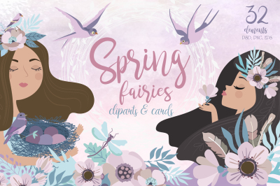 Spring fairies clipart and card