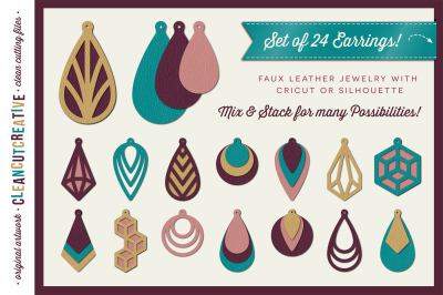 Set of 24 Faux Leather Earrings - SVG DXF EPS - Cricut and Silhouette