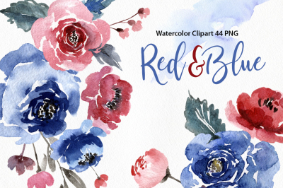 Watercolor Blue & Red Flowers Leaves