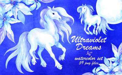 Ultraviolet dreams. Watercolor horses and flowers.