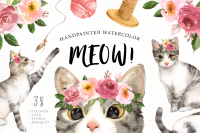 Meow! Cat Lover Watercolor Cliparts
