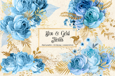 Blue and Gold Floral Clipart