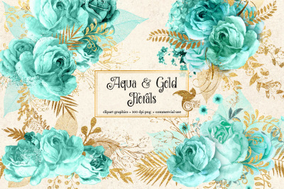 Aqua and Gold Floral Clipart