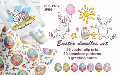 Easter doodles set.  Vector clip arts and seamless patterns.