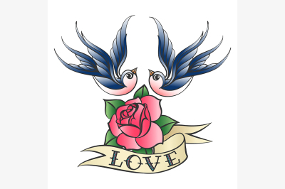 Love Tattoo with Swallows and Rose