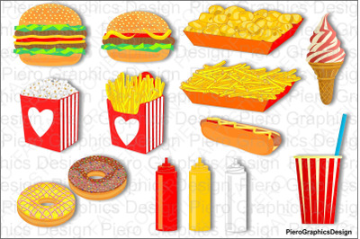 Fast food clipart hamburger chips nuts popcorn hot dog ice cream