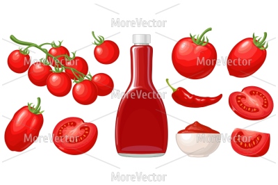 Ketchup bottle, chilli, tomato sauce in a plate, branch, half and slic