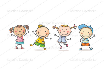Four happy kids dancing or jumping