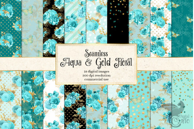 Aqua and Gold Floral Digital Paper