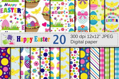 Bright Easter Digital Paper / Happy Easter chick and eggs backgrounds 