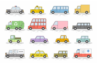 Car icons set. Flat colors style. Ve