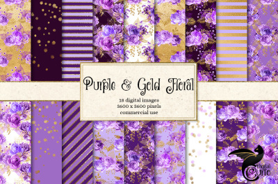 Purple and Gold Floral Digital Paper